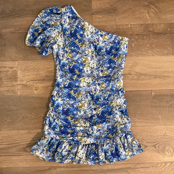 TCEC one shoulder blue, purple, green floral mini Dress, L - Picture 1 of 8